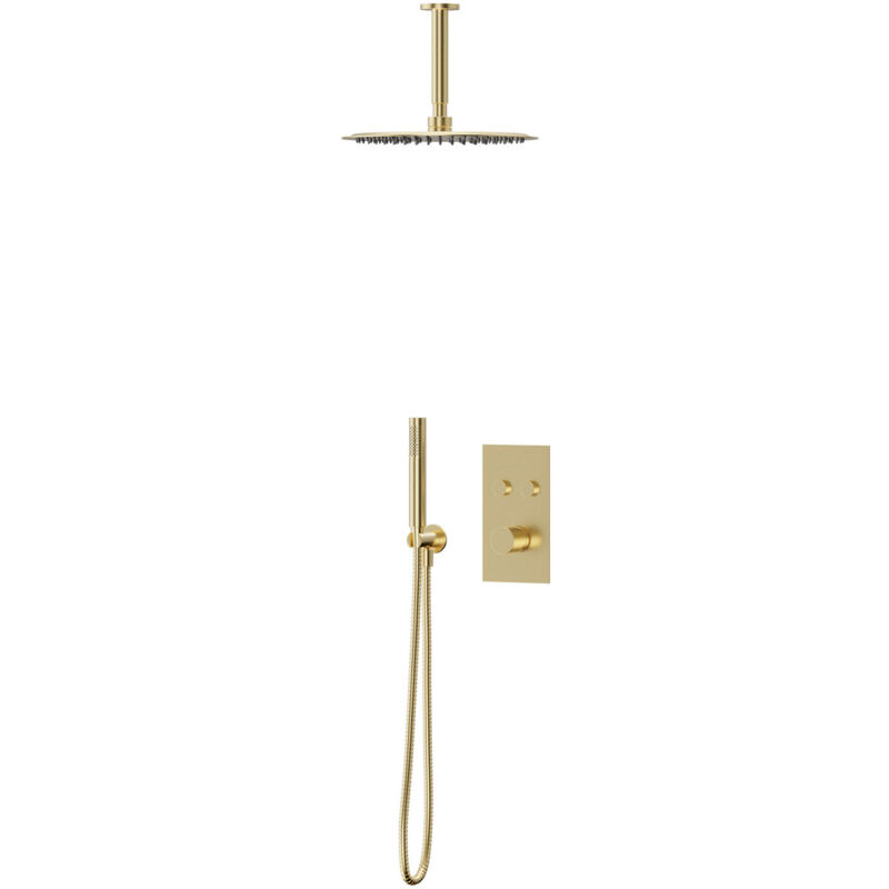 Colore - Brushed Brass Concealed Push Button Twin Thermostatic Shower Valve Including 300mm Round Fixed Shower Head with Ceiling Arm and Round Shower