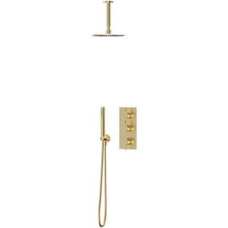 Colore Brushed Brass Triple Thermostatic Valve Mixer Shower Including 200mm Round Fixed Shower Head with Ceiling Arm and Round Shower Outlet Holder with Kit - 2 Outlet