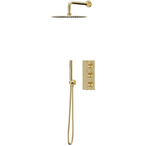 Colore Brushed Brass Triple Thermostatic Valve Mixer Shower Including 300mm Round Fixed Shower Head with Wall Arm and Round Shower Outlet Holder with Kit - 2 Outlet