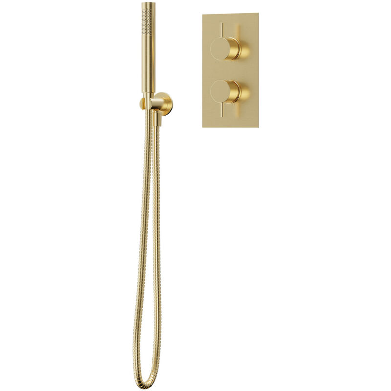 Colore - Brushed Brass Twin Thermostatic Valve Mixer Shower with Round Shower Outlet Holder with Kit - 1 Outlet