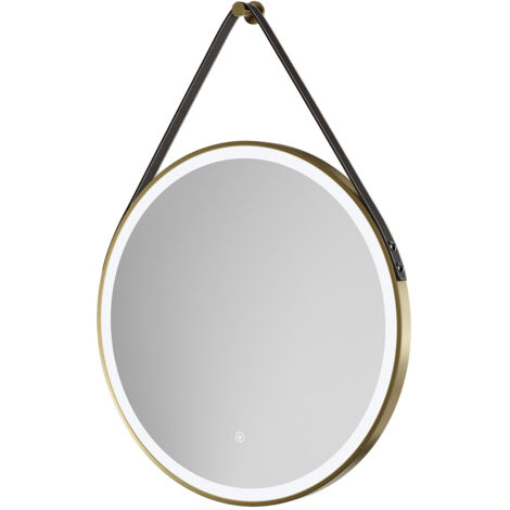 Colore Colorado Brushed Brass Frame with Brown Strap 600mm Round Illuminated Dimmable LED Mirror with Demister and Touch Sensor