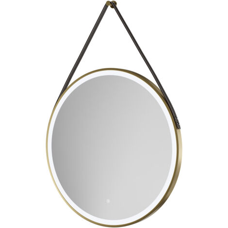 Colore Colorado Brushed Brass Frame with Brown Strap 800mm Round Illuminated Dimmable LED Mirror with Demister and Touch Sensor