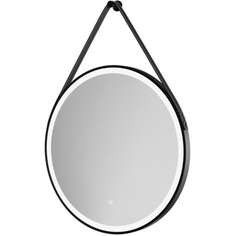 Colore Colorado Matt Black Frame with Black Strap 600mm Round Illuminated Dimmable LED Mirror with Demister and Touch Sensor