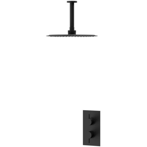 Colore Matt Black Twin Thermostatic Valve Mixer Shower with 300mm Round Fixed Shower Head and Ceiling Arm - 1 Outlet