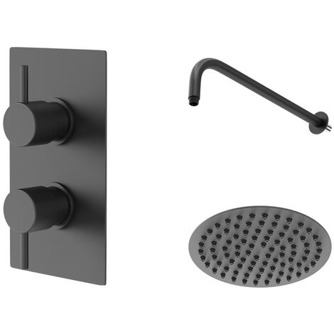 Colore Matt Black Twin Thermostatic Valve Mixer Shower with Round Fixed Head and Wall Arm - 1 Outlet
