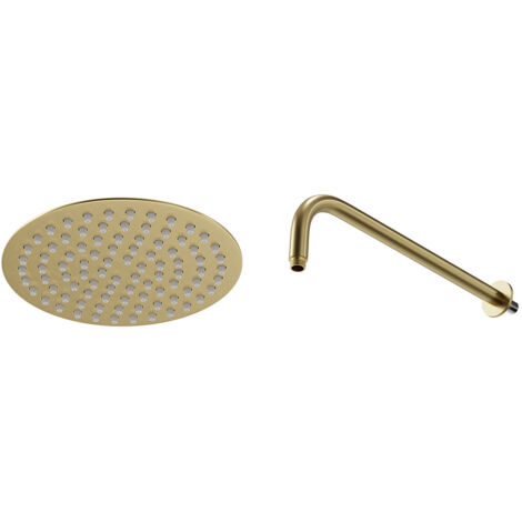Colore Round Brushed Brass 200mm Thin Fixed Shower Head and Wall Arm
