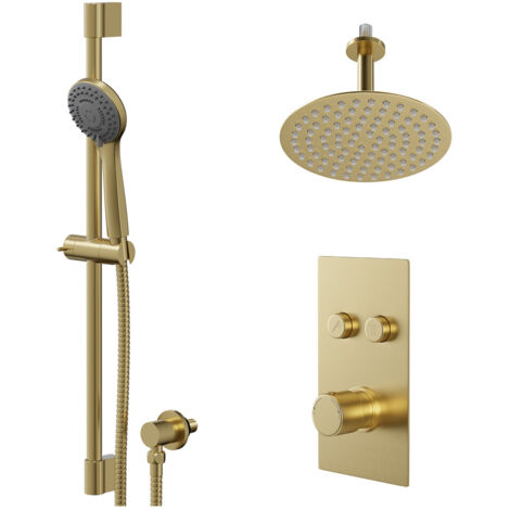Colore Round Brushed Brass Concealed Push Button Shower Valve and 200mm Thin Round Fixed Head with 150mm Ceiling Arm and Round Slide Rail Kit with Round Elbow - 2 Outlet