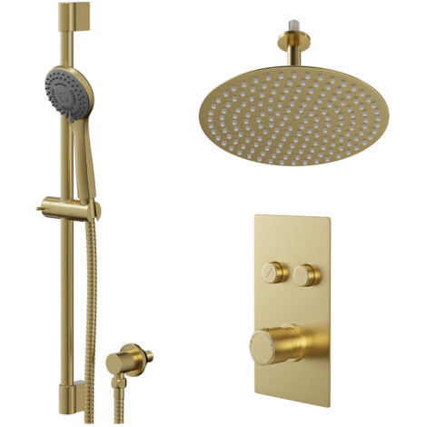Colore Round Brushed Brass Concealed Push Button Shower Valve and 300mm Thin Round Fixed Head with 150mm Ceiling Arm and Round Slide Rail Kit with Round Elbow - 2 Outlet