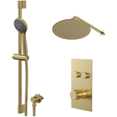 Colore Round Brushed Brass Concealed Push Button Shower Valve and 300mm Thin Round Fixed Head with Wall Arm and Round Slide Rail Kit with Round Elbow - 2 Outlet