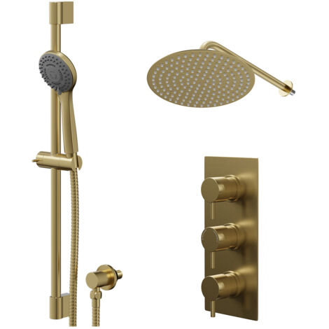 Colore Round Brushed Brass Concealed Triple Thermostatic Shower Valve and 300mm Thin Round Fixed Head with Wall Arm and Round Slide Rail Kit with Round Elbow - 2 Outlet