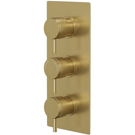 Colore Round Brushed Brass Concealed Triple Thermostatic Shower Valve with Half Knurled Control Handles - 2 Outlet