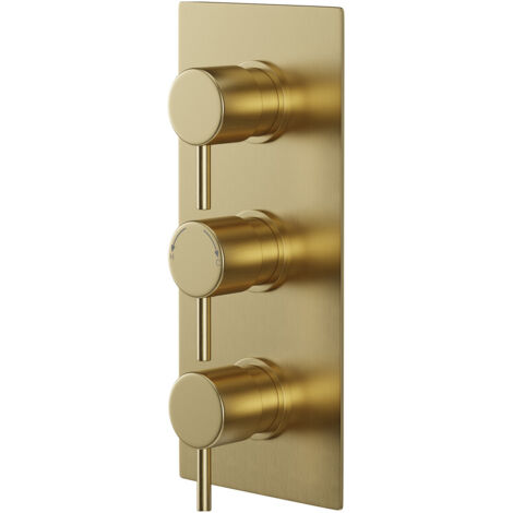 Colore Round Brushed Brass Concealed Triple Theromstatic Shower Valve - 2 Outlet