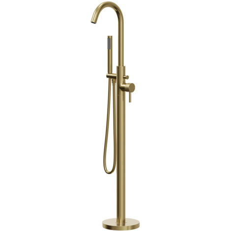 Colore Round Brushed Brass Freestanding Bath Shower Mixer with Fully Knurled Tap Heads