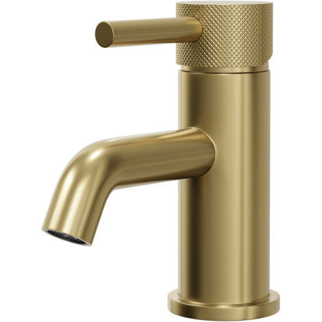 Colore Round Brushed Brass Mini Mono Basin Mixer with Fully Knurled Tap Head
