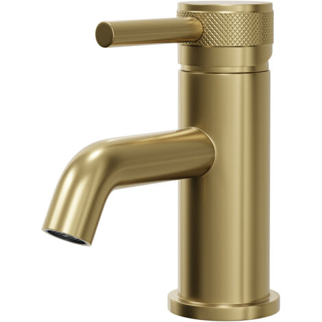 Colore Round Brushed Brass Mini Mono Basin Mixer with Half Knurled Tap Head