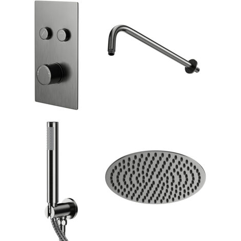 Colore Round Gunmetal Grey Concealed Push Button Twin Thermostatic Shower Valve Including 300mm Fixed Shower Head with Wall Arm and Shower Outlet Holder with Kit - 2 Outlet