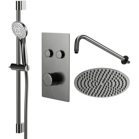 Colore Round Gunmetal Grey Concealed Push Button Twin Thermostatic Shower Valve Including 300mm Fixed Shower Head with Wall Arm and Slide Rail Kit - 2 Outlet