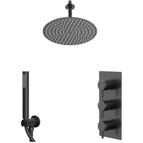 Colore Round Gunmetal Grey Concealed Triple Thermostatic Shower Valve and 300mm Fixed Head with 150mm Ceiling Arm and Outlet Holder with Kit - 2 Outlet