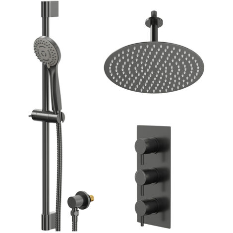 Colore Round Gunmetal Grey Concealed Triple Thermostatic Shower Valve and 300mm Fixed Head with 150mm Ceiling Arm and Slide Rail Kit - 2 Outlet