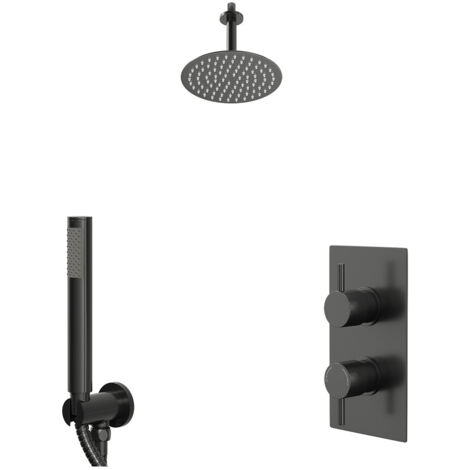 Colore Round Gunmetal Grey Concealed Triple Thermostatic Shower Valve with Diverter and 200mm Fixed Head with 150mm Ceiling Arm and Outlet Holder with Kit - 2 Outlet