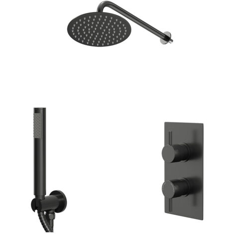 Colore Round Gunmetal Grey Concealed Triple Thermostatic Shower Valve with Diverter and 200mm Fixed Head with 345mm Wall Arm and Outlet Holder with Kit - 2 Outlet