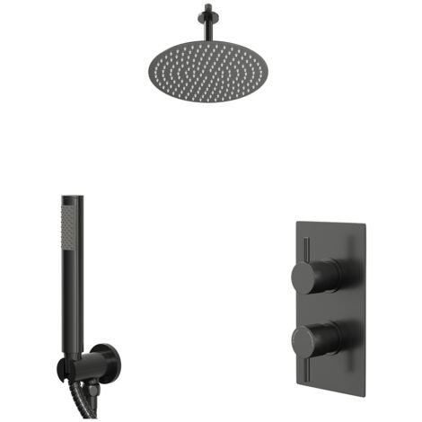 Colore Round Gunmetal Grey Concealed Triple Thermostatic Shower Valve with Diverter and 300mm Fixed Head with 150mm Ceiling Arm and Outlet Holder with Kit - 2 Outlet