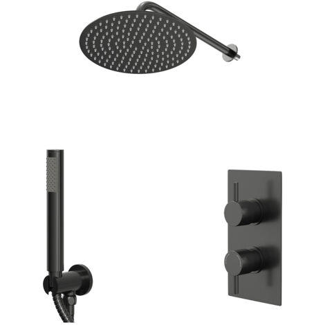 Colore Round Gunmetal Grey Concealed Triple Thermostatic Shower Valve with Diverter and 300mm Fixed Head with 345mm Wall Arm and Outlet Holder with Kit - 2 Outlet