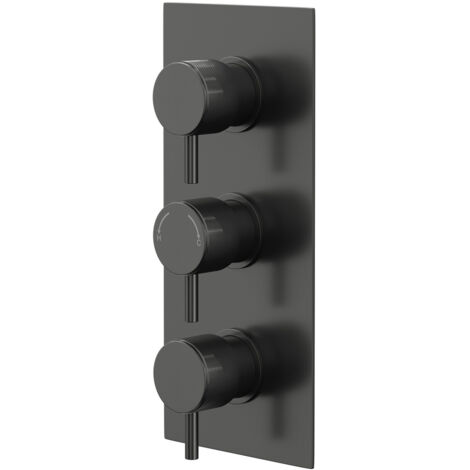 Colore Round Gunmetal Grey Concealed Triple Thermostatic Shower Valve with Fully Knurled Control Handles - 2 Outlet