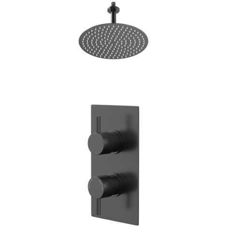 Colore Round Gunmetal Grey Concealed Twin Thermostatic Shower Valve and 300mm Thin Round Fixed Head with 150mm Ceiling Arm - 1 Outlet