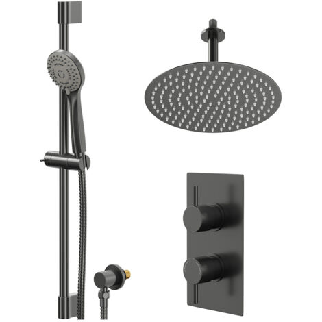 Colore Round Gunmetal Grey Concealed Twin Thermostatic Shower Valve with Diverter and 300mm Fixed Head with 150mm Ceiling Arm and Slide Rail Kit -  2 Outlets