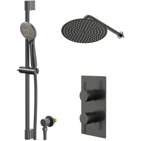 Colore Round Gunmetal Grey Concealed Twin Thermostatic Shower Valve with Diverter and 300mm Fixed Head with 345mm Wall Arm and Slide Rail Kit -  2 Outlets