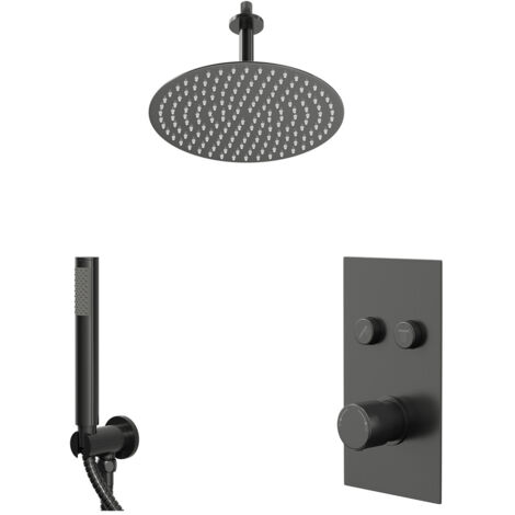 Colore Round Gunmetal Grey Push Button Diverter Concealed Thermostatic Shower Valve and 300mm Fixed Head with 150mm Ceiling Arm and Outlet Holder with Kit - 2 Outlet