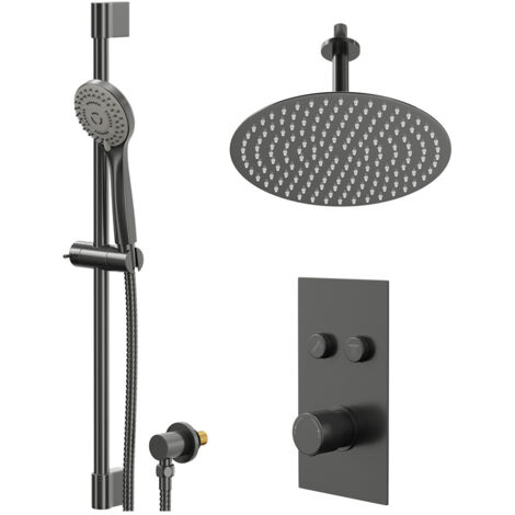 Colore Round Gunmetal Grey Push Button Diverter Concealed Thermostatic Shower Valve and 300mm Fixed Head with 150mm Ceiling Arm and Slide Rail Kit - 2 Outlet