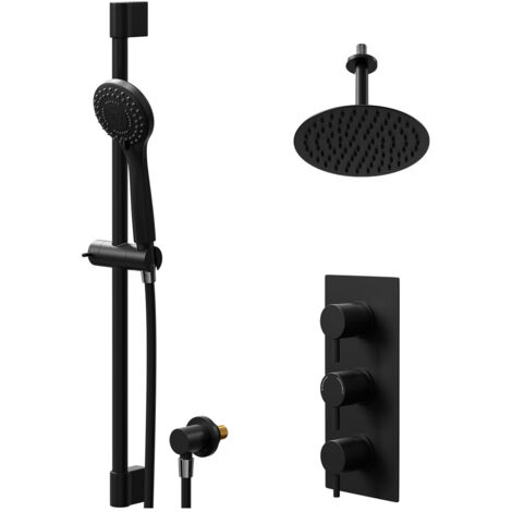 Colore Round Matt Black Concealed Triple Thermostatic Shower Valve and 200mm Thin Round Fixed Head with 150mm Ceiling Arm and Round Slide Rail Kit with Round Elbow - 2 Outlet