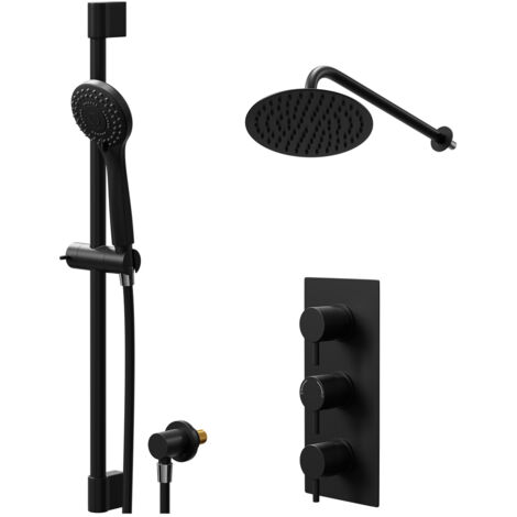 Colore Round Matt Black Concealed Triple Thermostatic Shower Valve and 200mm Thin Round Fixed Head with Wall Arm and Round Slide Rail Kit with Round Elbow - 2 Outlet