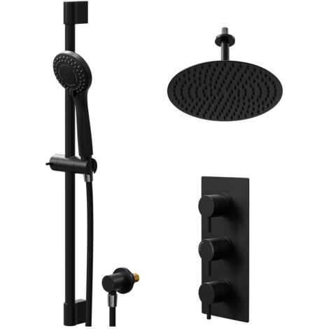 Colore Round Matt Black Concealed Triple Thermostatic Shower Valve and 300mm Thin Round Fixed Head with 150mm Ceiling Arm and Round Slide Rail Kit with Round Elbow - 2 Outlet