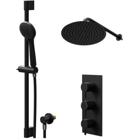 Colore Round Matt Black Concealed Triple Thermostatic Shower Valve and 300mm Thin Round Fixed Head with Wall Arm and Round Slide Rail Kit with Round Elbow - 2 Outlet