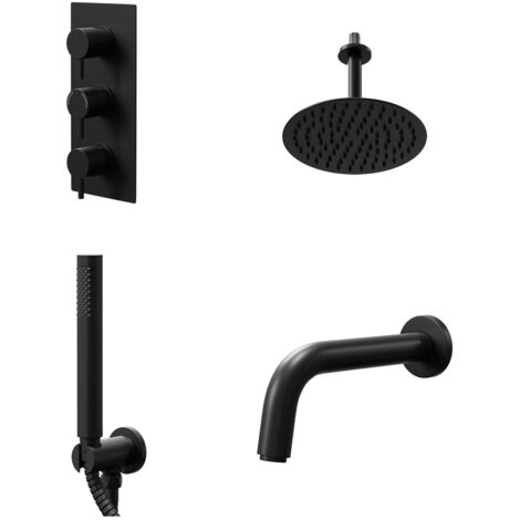 Colore Round Matt Black Concealed Triple Thermostatic Shower Valve with Diverter and 200mm Fixed Head with 150mm Ceiling Arm and Outlet Holder with Kit and Bath Spout - 3 Outlet
