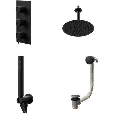 Colore Round Matt Black Concealed Triple Thermostatic Shower Valve with Diverter and 200mm Fixed Head with 150mm Ceiling Arm and Outlet Holder with Kit and Free-Flow Bath Filler - 3 Outlet