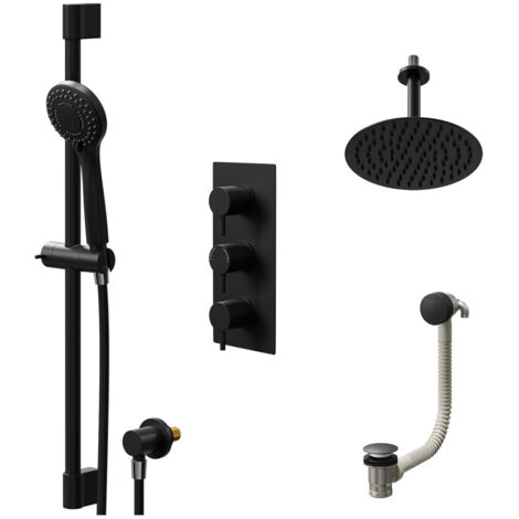 Colore Round Matt Black Concealed Triple Thermostatic Shower Valve with Diverter and 200mm Fixed Head with 150mm Ceiling Arm and Slide Rail Kit with Free-Flow Bath Filler - 3 Outlet