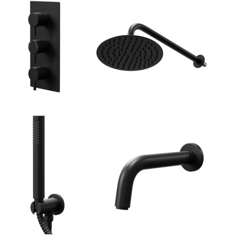 Colore Round Matt Black Concealed Triple Thermostatic Shower Valve with Diverter and 200mm Fixed Head with 345mm Wall Arm and Outlet Holder with Kit and Bath Spout - 3 Outlet