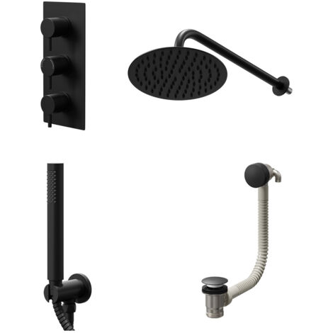 Colore Round Matt Black Concealed Triple Thermostatic Shower Valve with Diverter and 200mm Fixed Head with 345mm Wall Arm and Outlet Holder with Kit and Free-Flow Bath Filler - 3 Outlet
