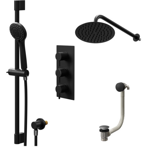 Colore Round Matt Black Concealed Triple Thermostatic Shower Valve with Diverter and 200mm Fixed Head with 345mm Wall Arm and Slide Rail Kit with Free-Flow Bath Filler - 3 Outlet