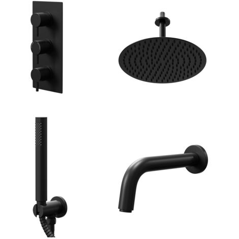 Colore Round Matt Black Concealed Triple Thermostatic Shower Valve with Diverter and 300mm Fixed Head with 150mm Ceiling Arm and Outlet Holder with Kit and Bath Spout - 3 Outlet