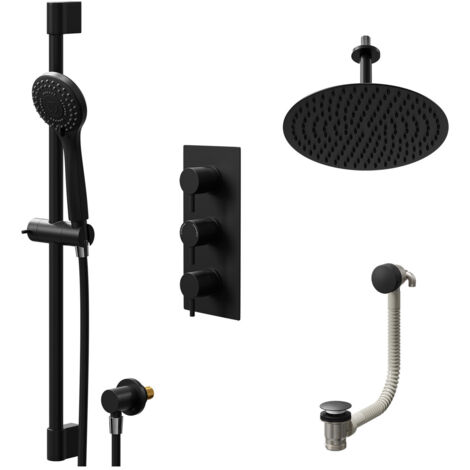 Colore Round Matt Black Concealed Triple Thermostatic Shower Valve with Diverter and 300mm Fixed Head with 150mm Ceiling Arm and Slide Rail Kit and Free-Flow Bath Filler - 3 Outlet
