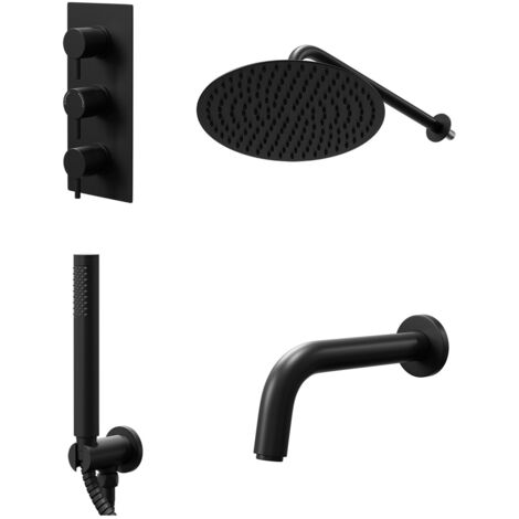 Colore Round Matt Black Concealed Triple Thermostatic Shower Valve with Diverter and 300mm Fixed Head with 345mm Wall Arm and Outlet Holder with Kit and Bath Spout - 3 Outlet
