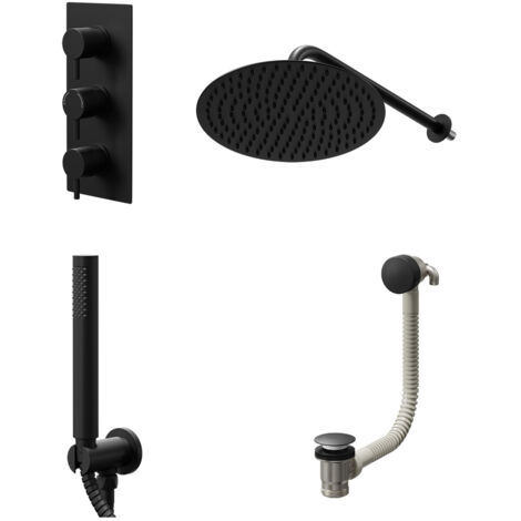 Colore Round Matt Black Concealed Triple Thermostatic Shower Valve with Diverter and 300mm Fixed Head with 345mm Wall Arm and Outlet Holder with Kit and Free-Flow Bath Filler - 3 Outlet