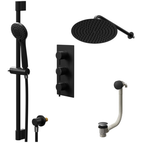 Colore Round Matt Black Concealed Triple Thermostatic Shower Valve with Diverter and 300mm Fixed Head with 345mm Wall Arm and Slide Rail Kit with Free-Flow Bath Filler - 3 Outlet