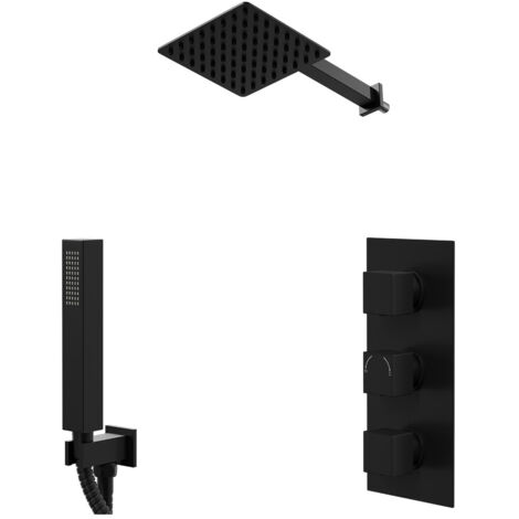 Colore Square Matt Black Concealed Triple Thermostatic Shower Valve and 200mm Fixed Head with 345mm Wall Arm and Outlet Holder with Kit - 2 Outlet