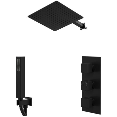 Colore Square Matt Black Concealed Triple Thermostatic Shower Valve and 300mm Fixed Head with 345mm Wall Arm and Outlet Holder with Kit - 2 Outlet